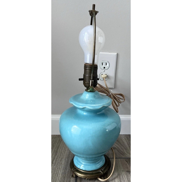 Vtg Mid Century Robins Egg Blue Ceramic Asian Ginger Jar & Brass Base Table Lamp - Picture 7 of 11